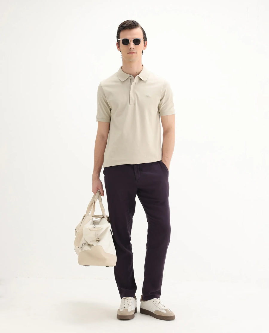 Rare Rabbit Men's Salis-25 Beige Cotton Blend Plain Regular Fit Half Sleeve Polo