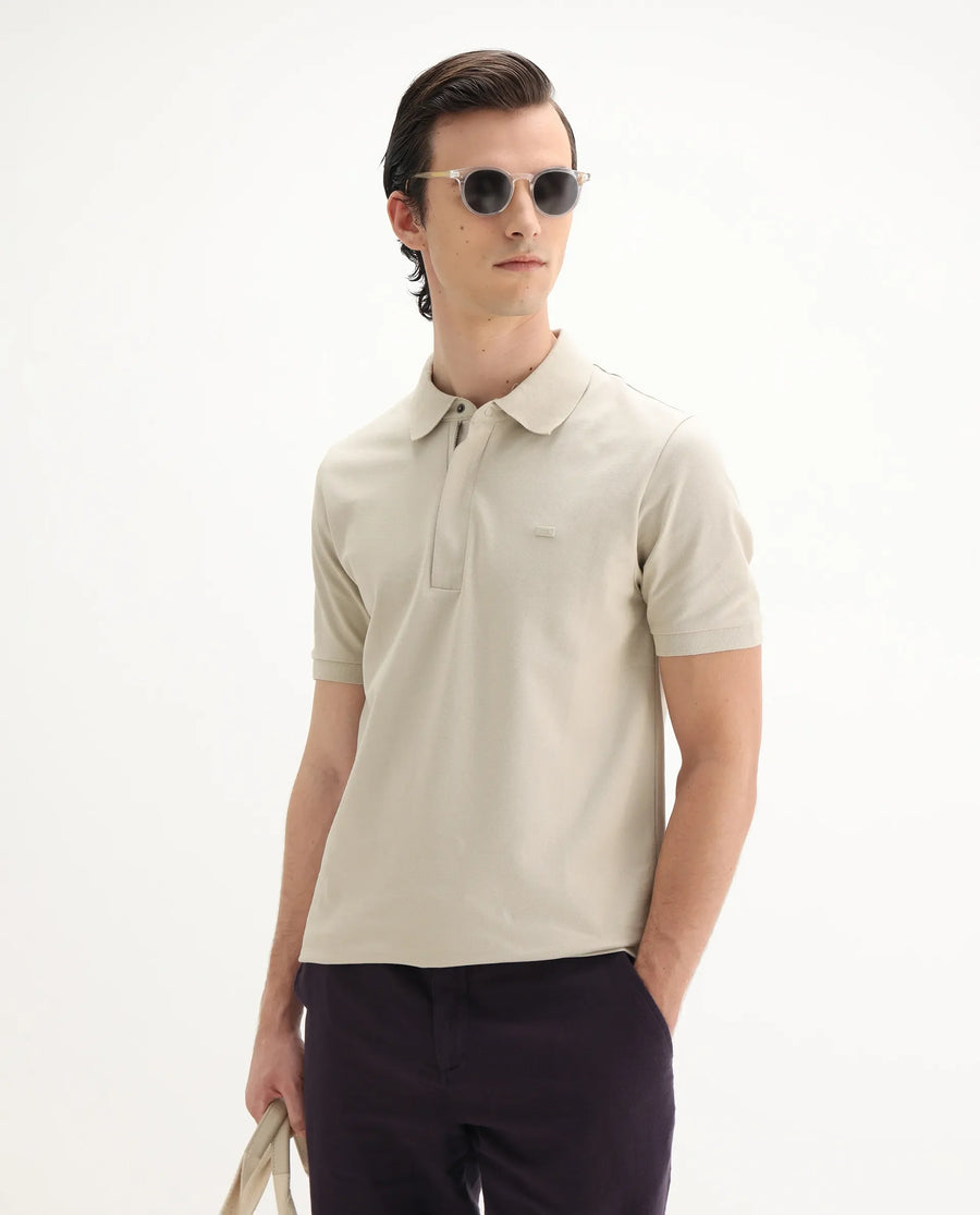 Rare Rabbit Men's Salis-25 Beige Cotton Blend Plain Regular Fit Half Sleeve Polo