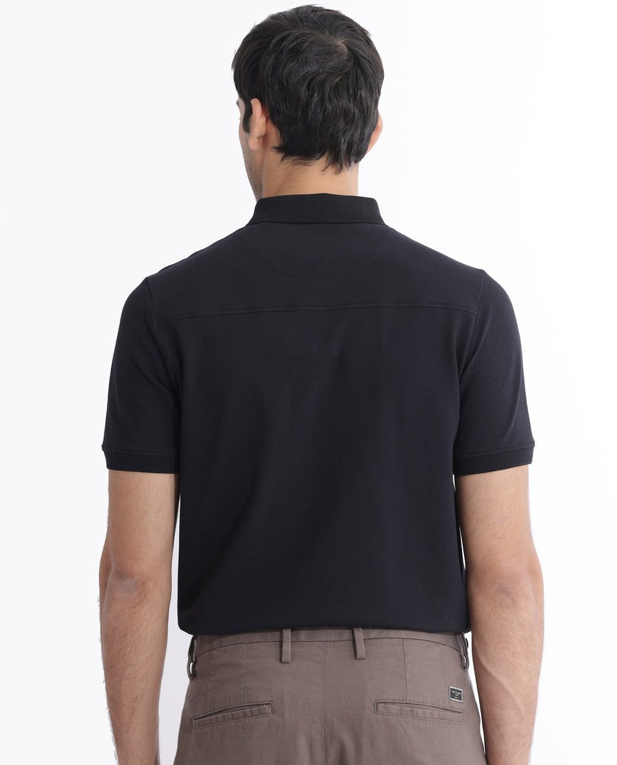 Rare Rabbit Men's Salis-2 Black Cotton Plain Regular Fit Half Sleeve Polo