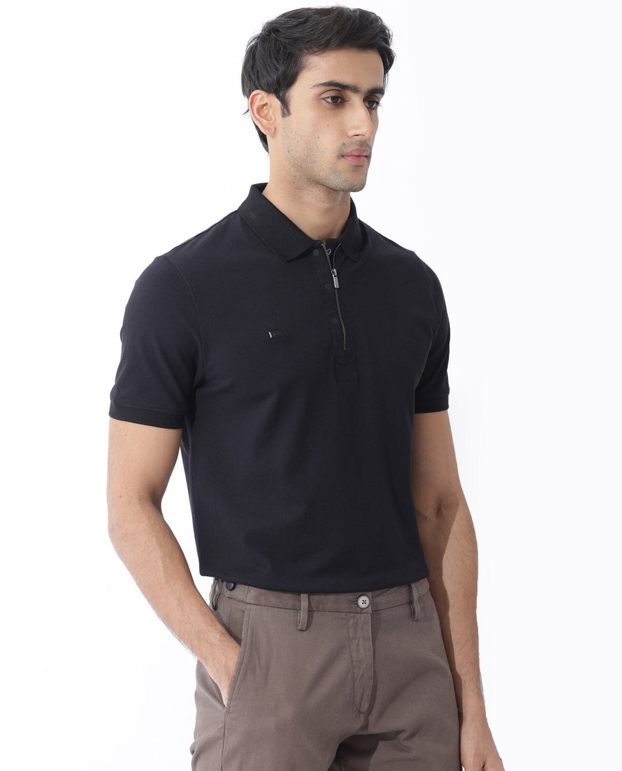 Rare Rabbit Men's Salis-2 Black Cotton Plain Regular Fit Half Sleeve Polo