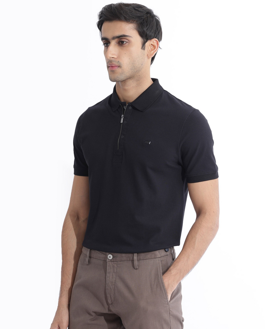 Rare Rabbit Men's Salis-2 Black Cotton Plain Regular Fit Half Sleeve Polo