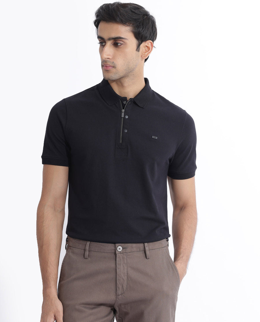 Rare Rabbit Men's Salis2 Black Cotton Plain Regular Fit Half Sleeve Polo