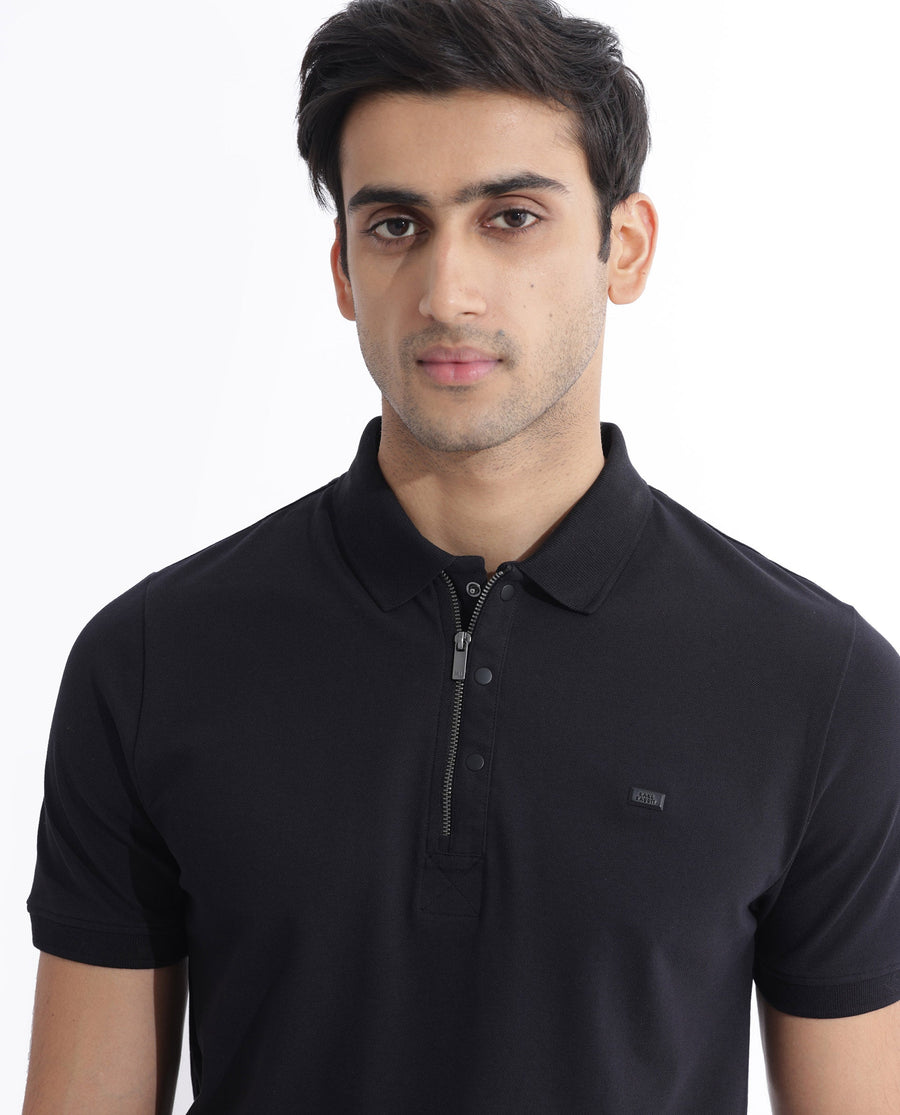 Rare Rabbit Men's Salis-2 Black Cotton Plain Regular Fit Half Sleeve Polo