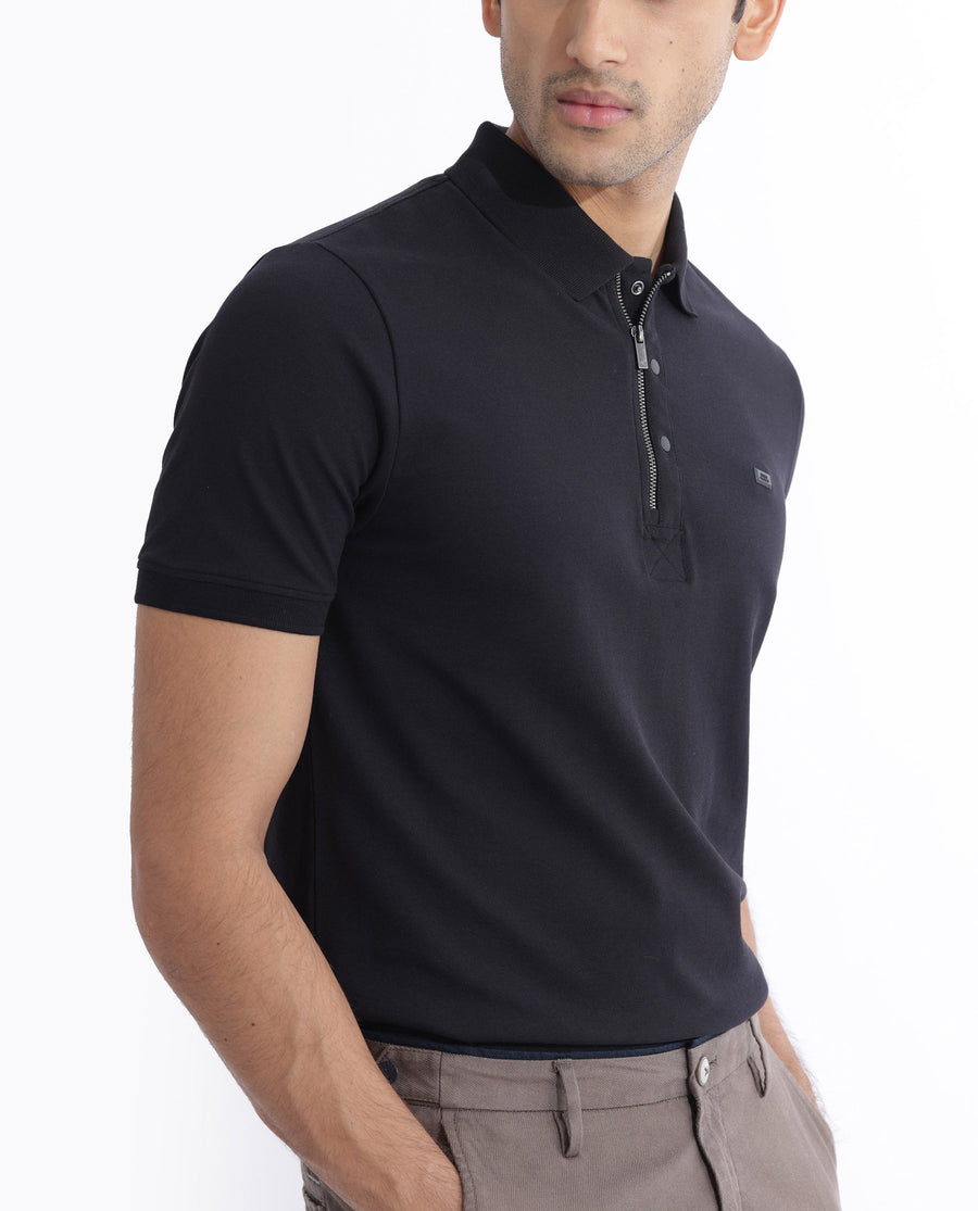 Rare Rabbit Men's Salis2 Black Cotton Plain Regular Fit Half Sleeve Polo