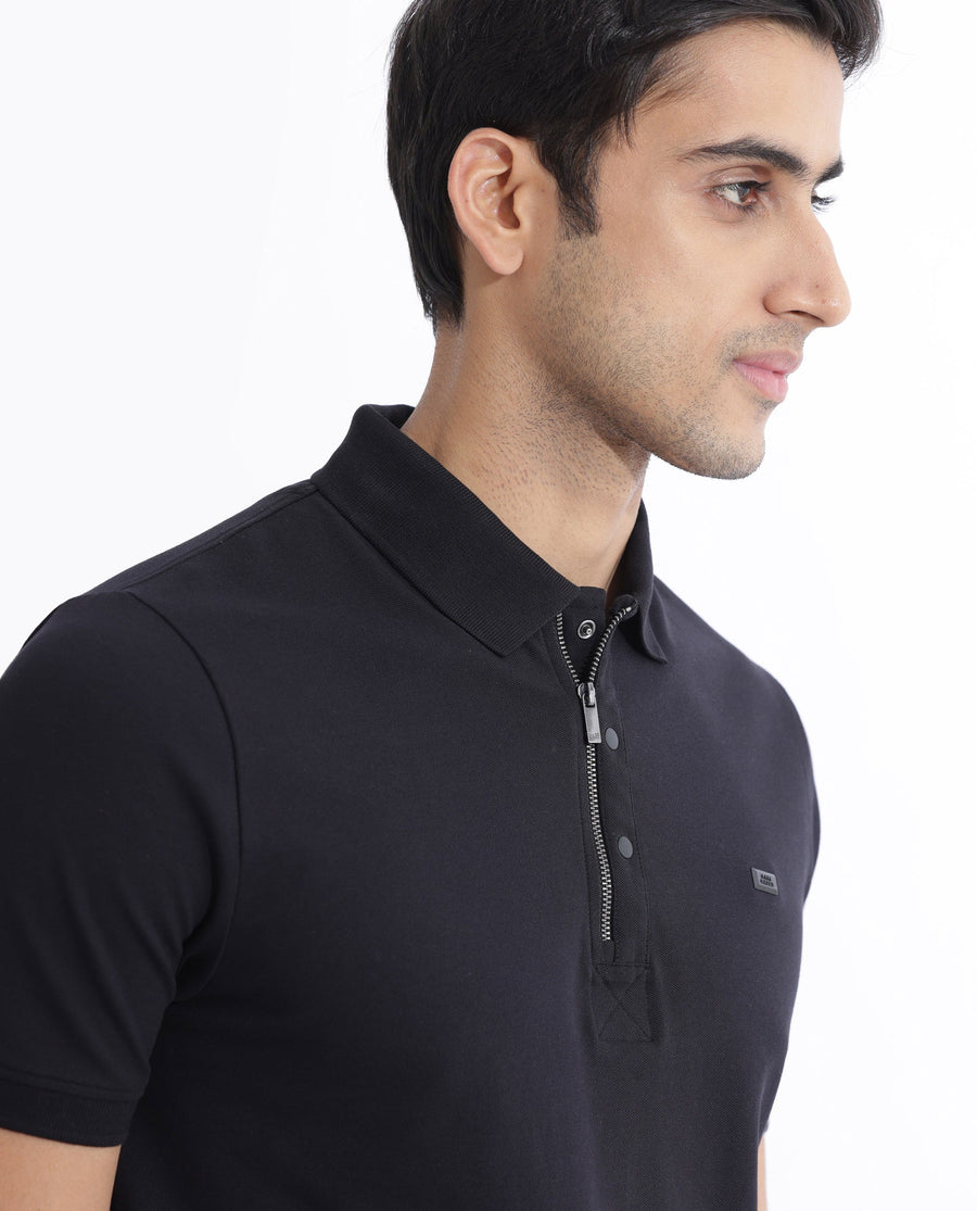 Rare Rabbit Men's Salis-2 Black Cotton Plain Regular Fit Half Sleeve Polo