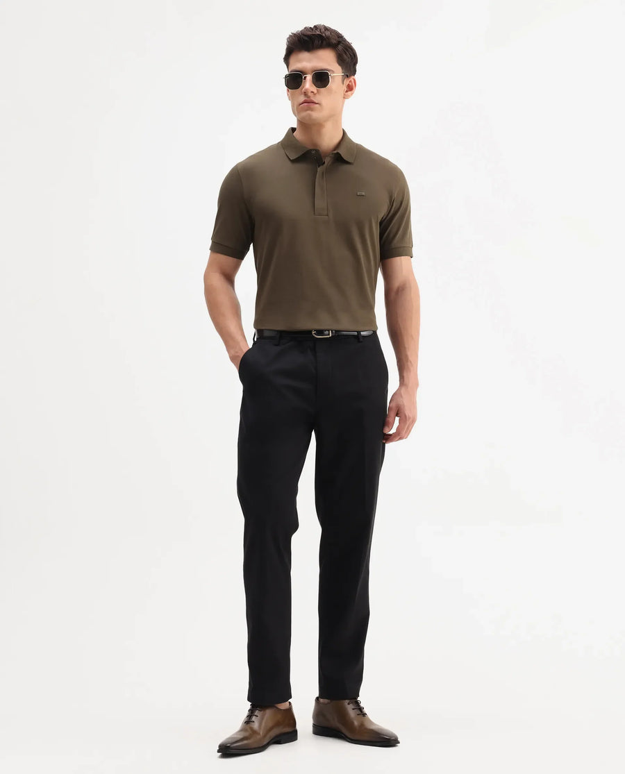 Rare Rabbit Men's Salis-A25 Dark Olive Cotton Blend Plain Regular Fit Half Sleeve Polo