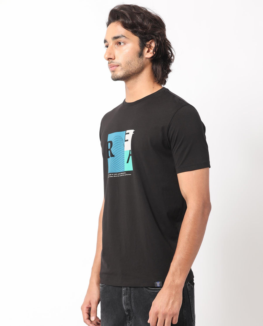 Rare Rabbit Men's Salta Black Cotton Graphic Print Slim Fit Half Sleeve Crew Neck T-Shirt