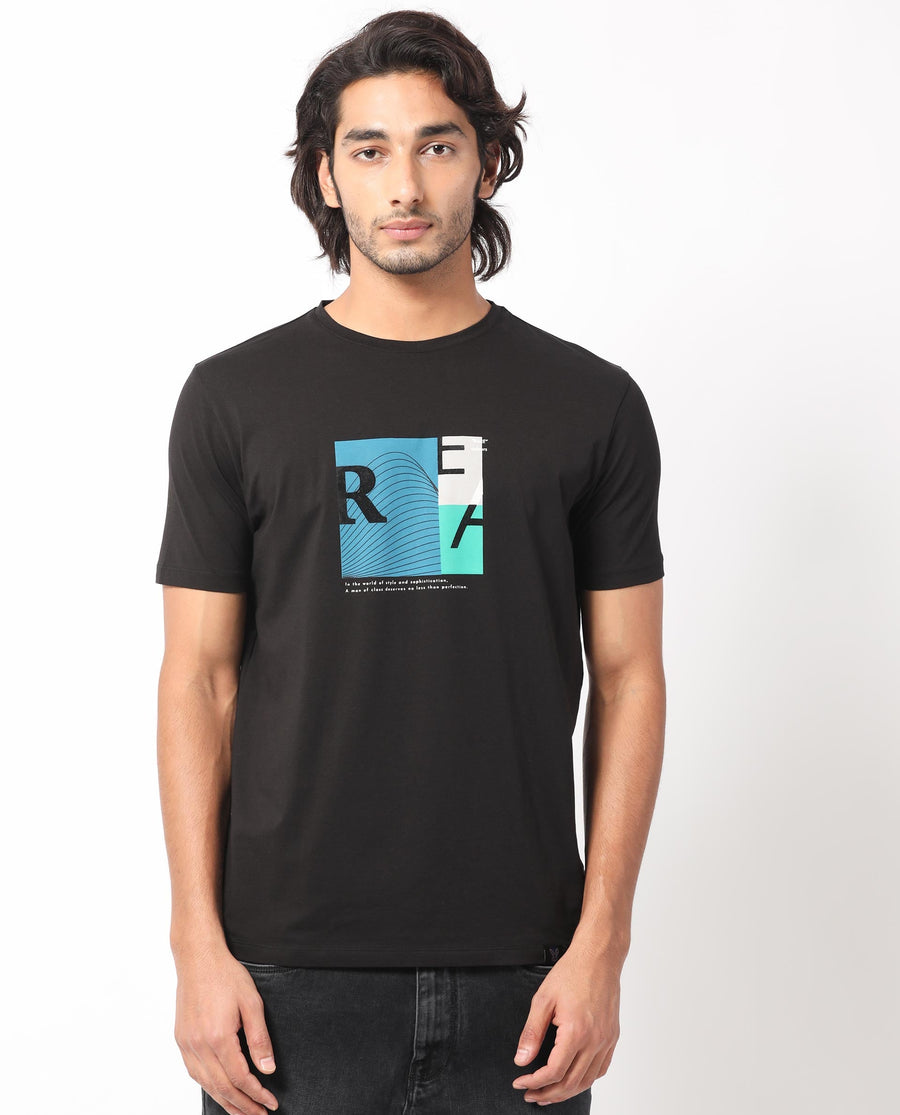 Rare Rabbit Men's Salta Black Cotton Graphic Print Slim Fit Half Sleeve Crew Neck T-Shirt