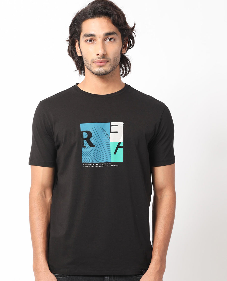 Rare Rabbit Men's Salta Black Cotton Graphic Print Slim Fit Half Sleeve Crew Neck T-Shirt