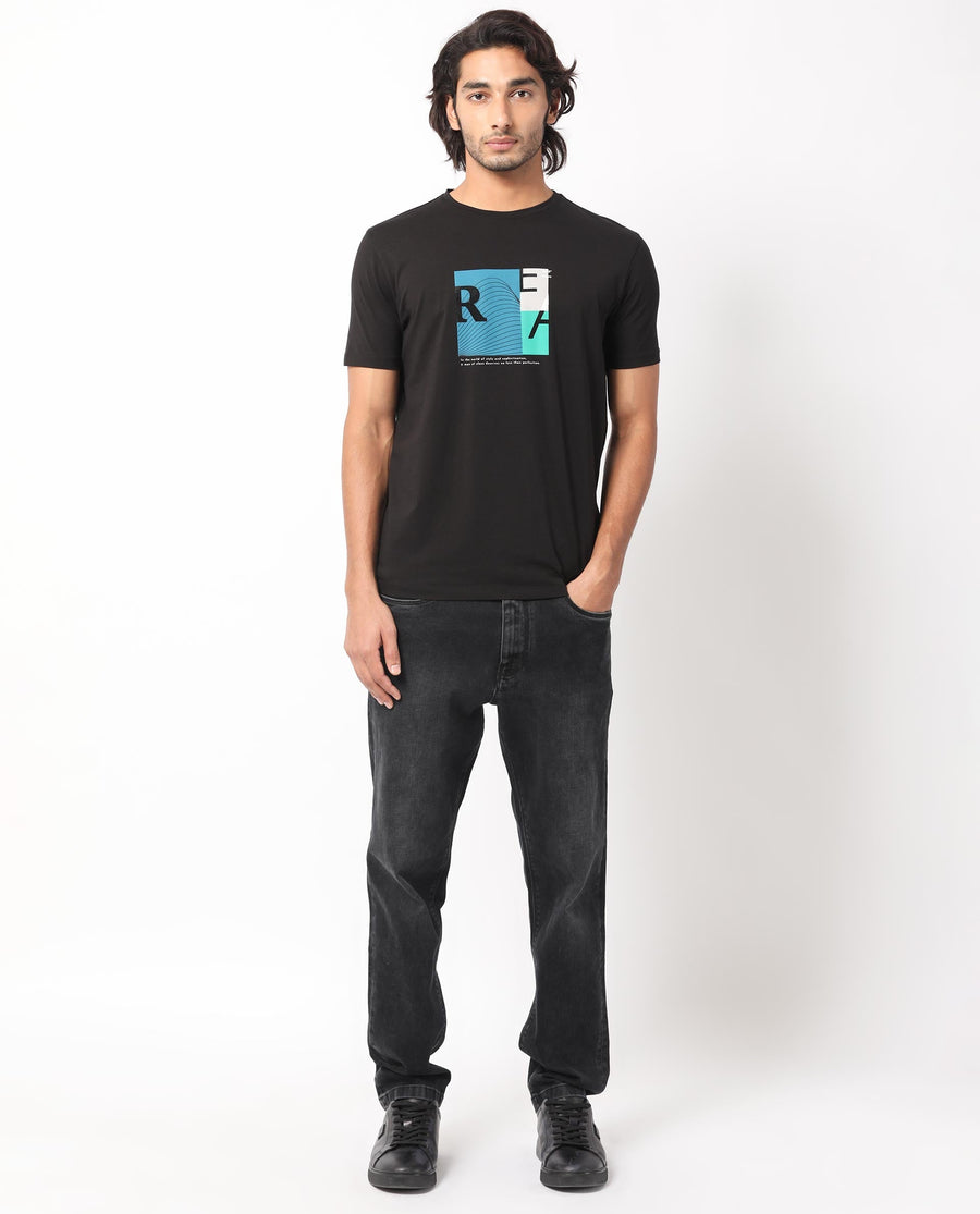 Rare Rabbit Men's Salta Black Cotton Graphic Print Slim Fit Half Sleeve Crew Neck T-Shirt