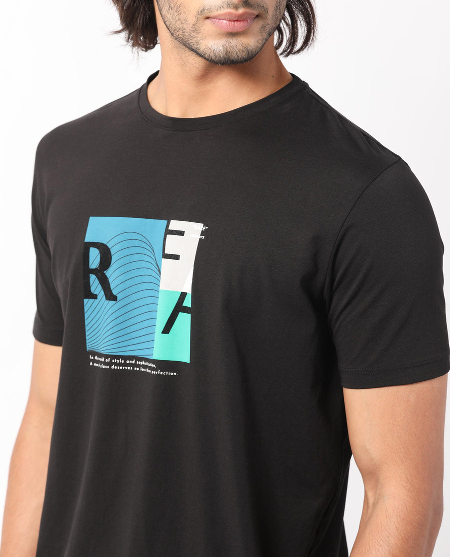 Rare Rabbit Men's Salta Black Cotton Graphic Print Slim Fit Half Sleeve Crew Neck T-Shirt