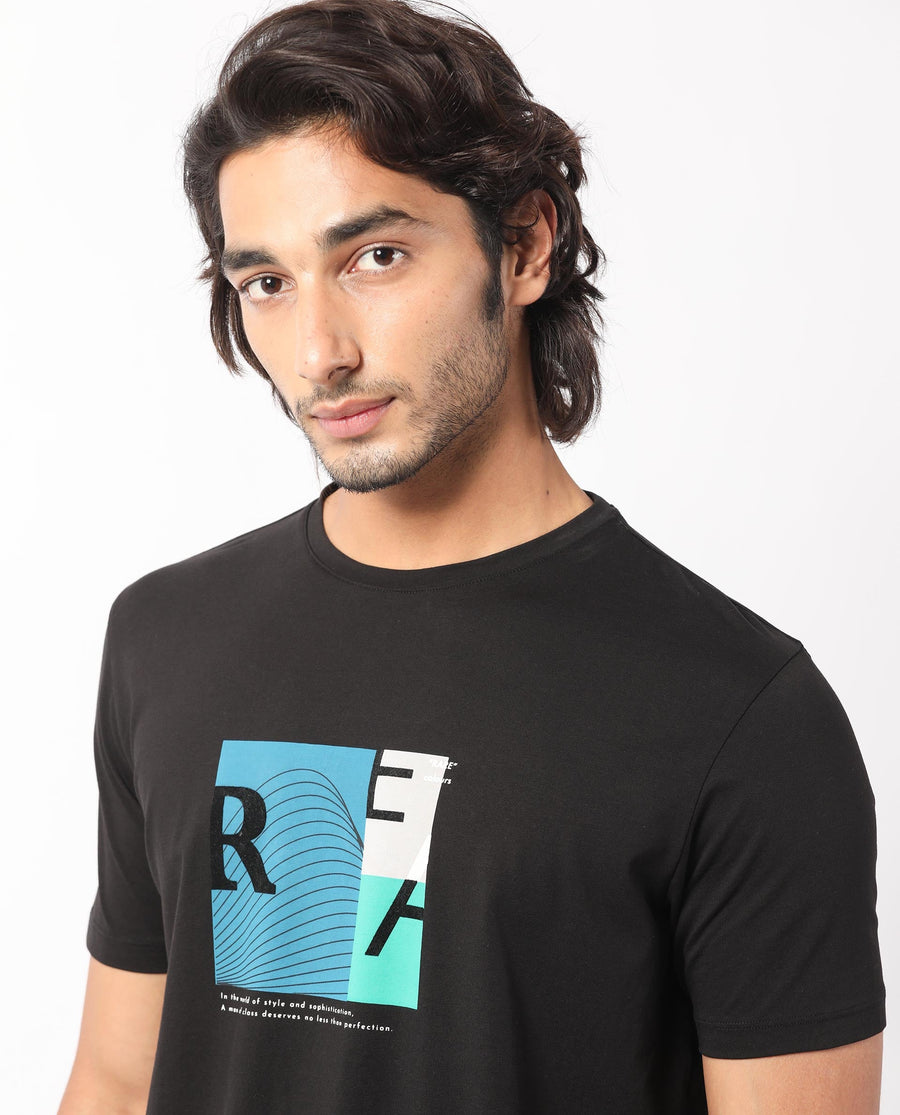 Rare Rabbit Men's Salta Black Cotton Graphic Print Slim Fit Half Sleeve Crew Neck T-Shirt