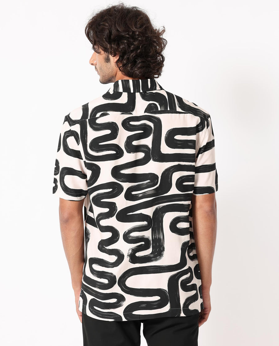 Rare Rabbit Men's Salto Beige Viscose Abstract Print Regular Fit Half Sleeve Cuban Collar Shirt