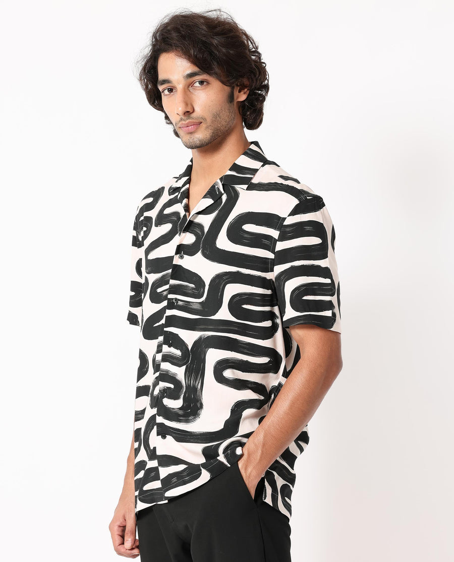Rare Rabbit Men's Salto Beige Viscose Abstract Print Regular Fit Half Sleeve Cuban Collar Shirt