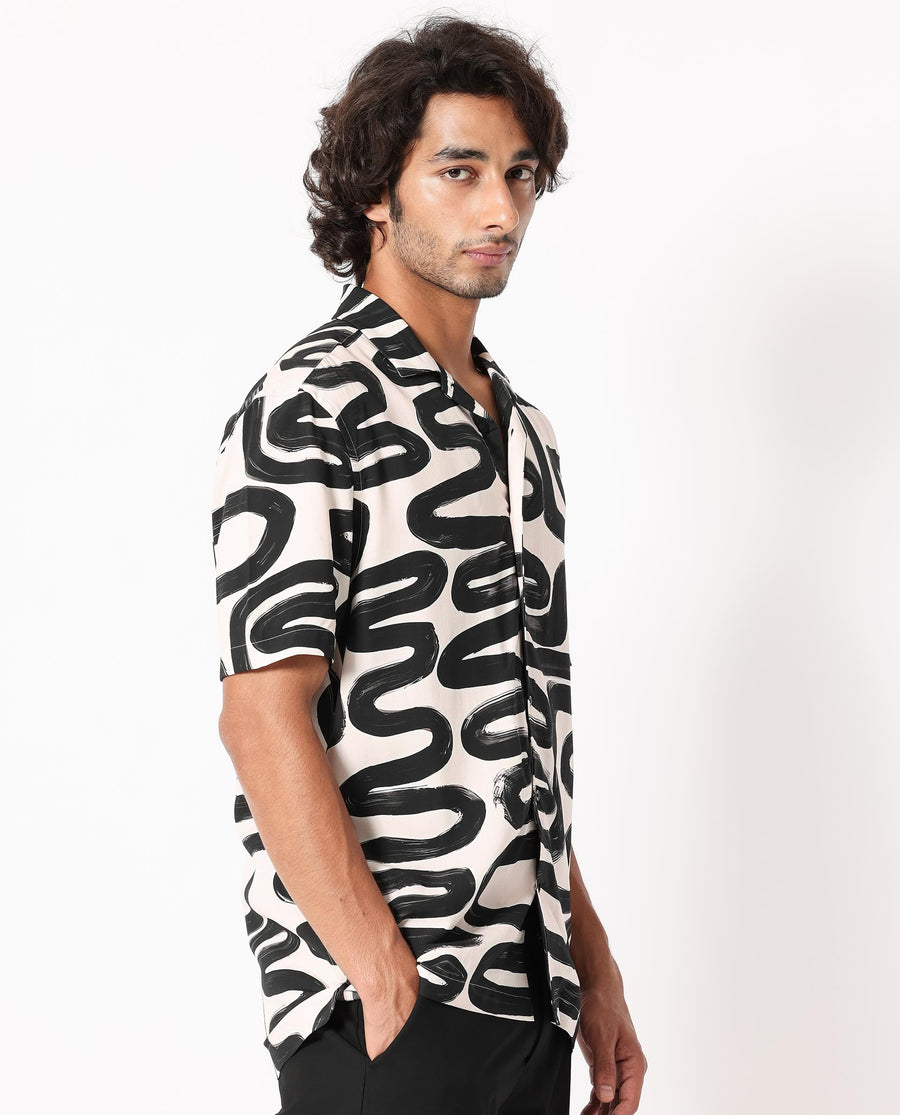 Rare Rabbit Men's Salto Beige Viscose Abstract Print Regular Fit Half Sleeve Cuban Collar Shirt