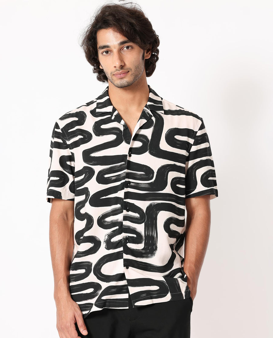 Rare Rabbit Men's Salto Beige Viscose Abstract Print Regular Fit Half Sleeve Cuban Collar Shirt
