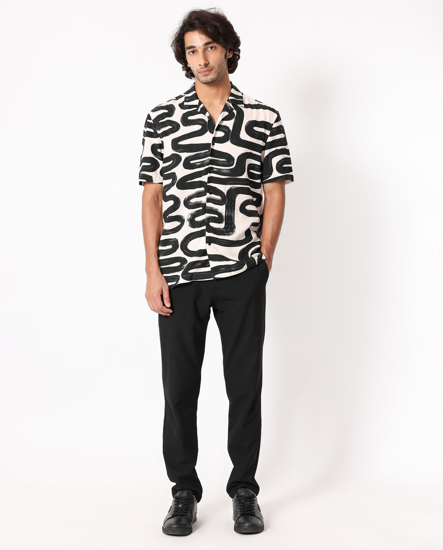 Rare Rabbit Men's Salto Beige Viscose Abstract Print Regular Fit Half Sleeve Cuban Collar Shirt