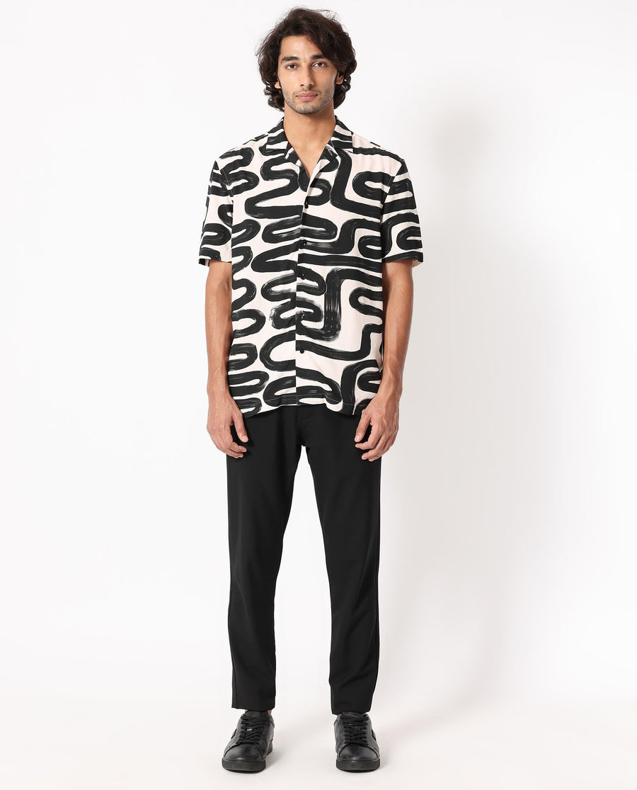 Rare Rabbit Men's Salto Beige Viscose Abstract Print Regular Fit Half Sleeve Cuban Collar Shirt