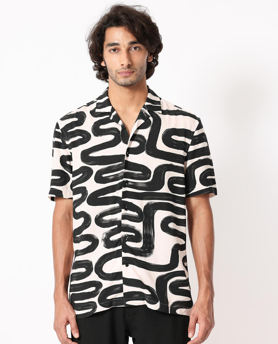 Rare Rabbit Men's Salto Beige Viscose Abstract Print Regular Fit Half Sleeve Cuban Collar Shirt