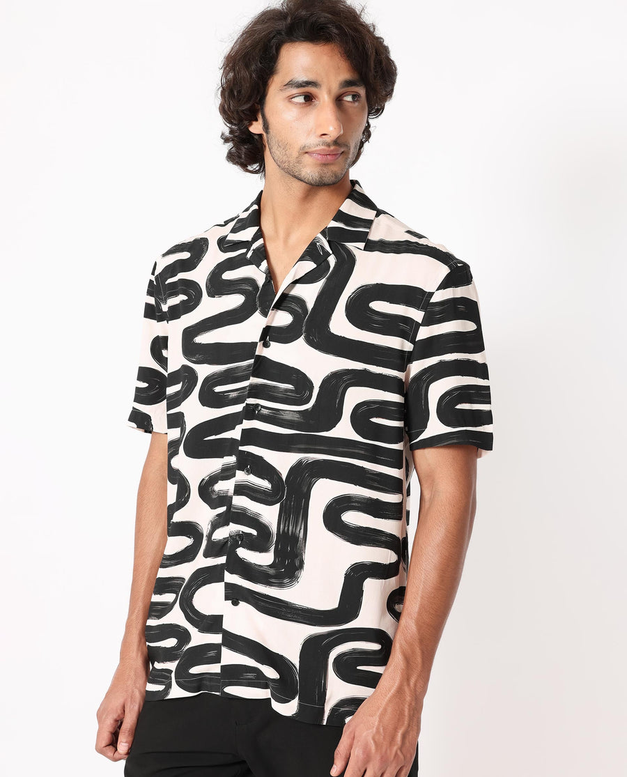 Rare Rabbit Men's Salto Beige Viscose Abstract Print Regular Fit Half Sleeve Cuban Collar Shirt