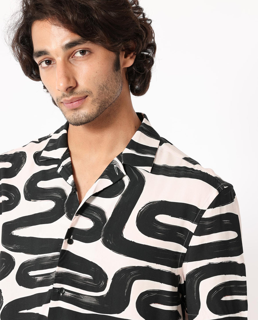 Rare Rabbit Men's Salto Beige Viscose Abstract Print Regular Fit Half Sleeve Cuban Collar Shirt