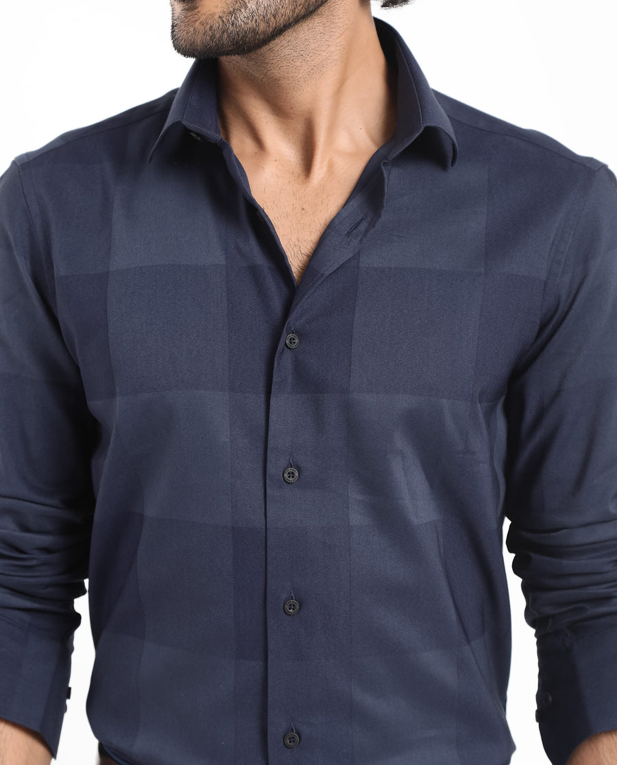 Rare Rabbit Men's Santhe Navy Cotton Checked Print Regular Fit Full Sleeve Collared Shirt