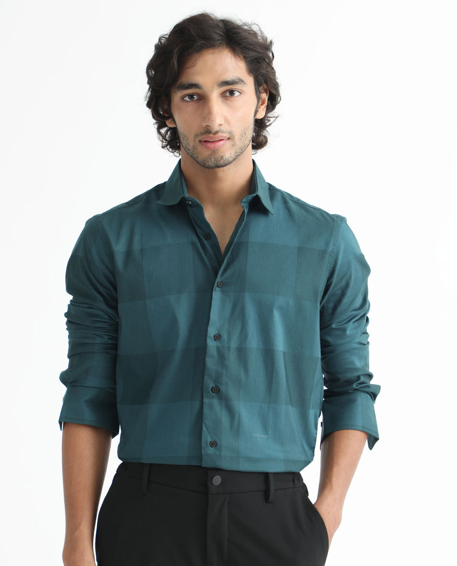 Rare Rabbit Men's Santhe Petrol Cotton Checked Print Regular Fit Full Sleeve Collared Shirt