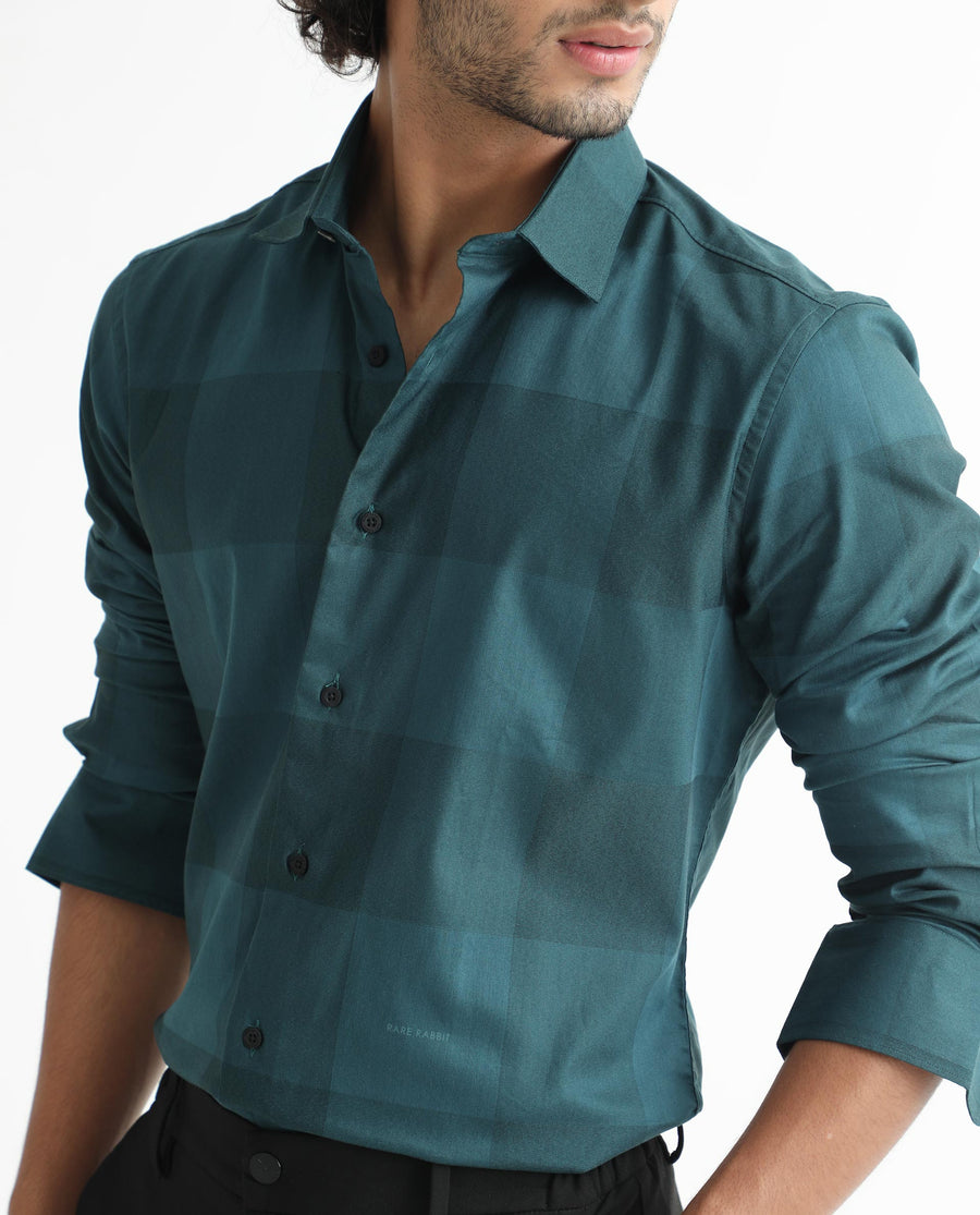 Rare Rabbit Men's Santhe Petrol Cotton Checked Print Regular Fit Full Sleeve Collared Shirt
