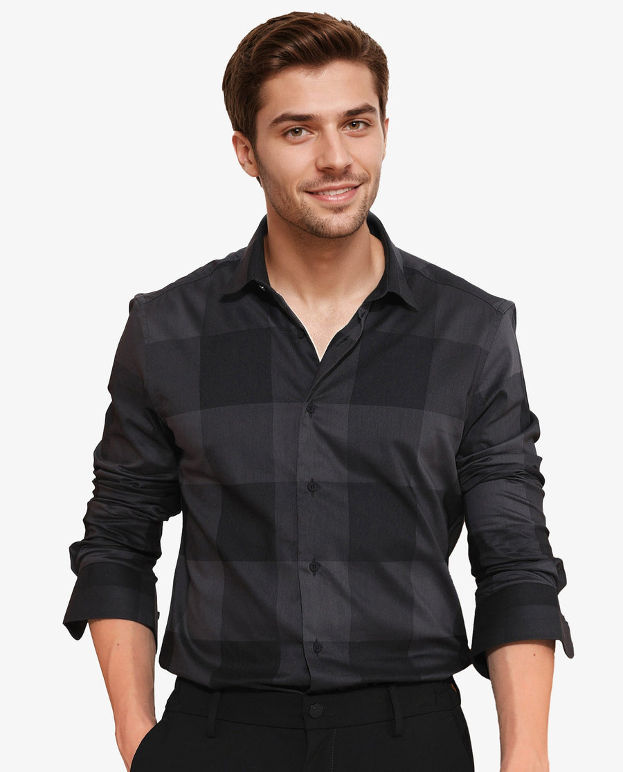 Rare Rabbit Men's Santhe Black Cotton Checked Print Regular Fit Full Sleeve Collared Shirt