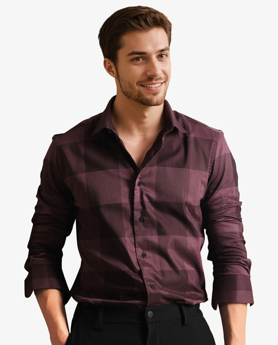 Rare Rabbit Men's Santhe Maroon Cotton Checked Print Regular Fit Full Sleeve Collared Shirt