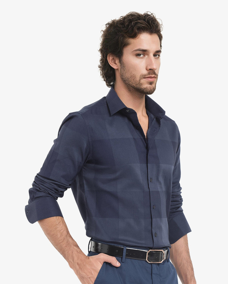Rare Rabbit Men's Santhe Navy Cotton Checked Print Regular Fit Full Sleeve Collared Shirt