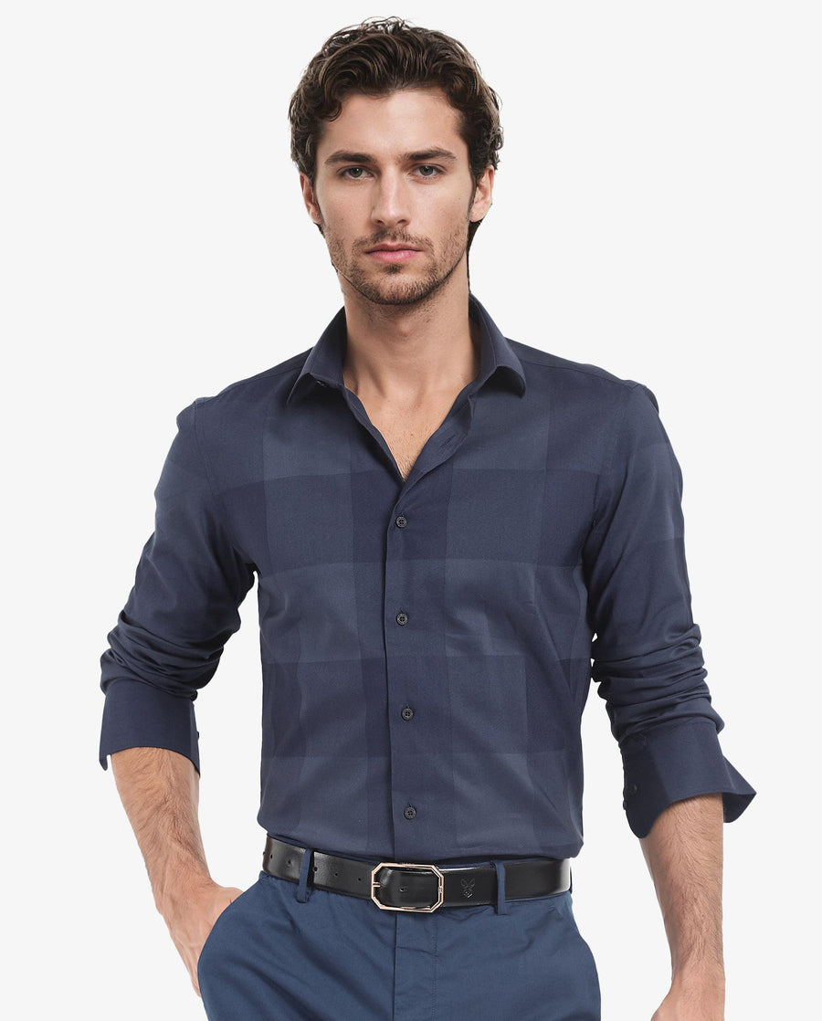 Rare Rabbit Men's Santhe Navy Cotton Checked Print Regular Fit Full Sleeve Collared Shirt