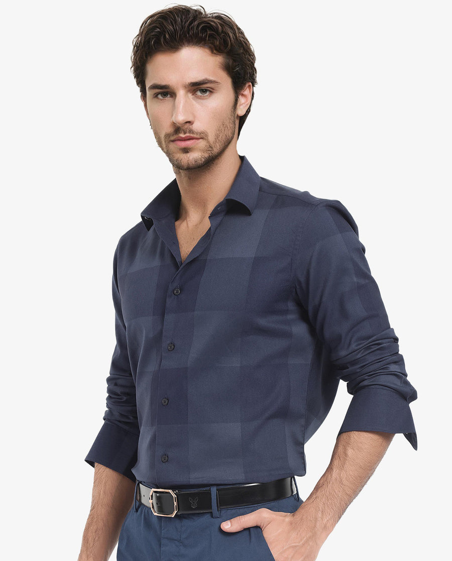 Rare Rabbit Men's Santhe Navy Cotton Checked Print Regular Fit Full Sleeve Collared Shirt