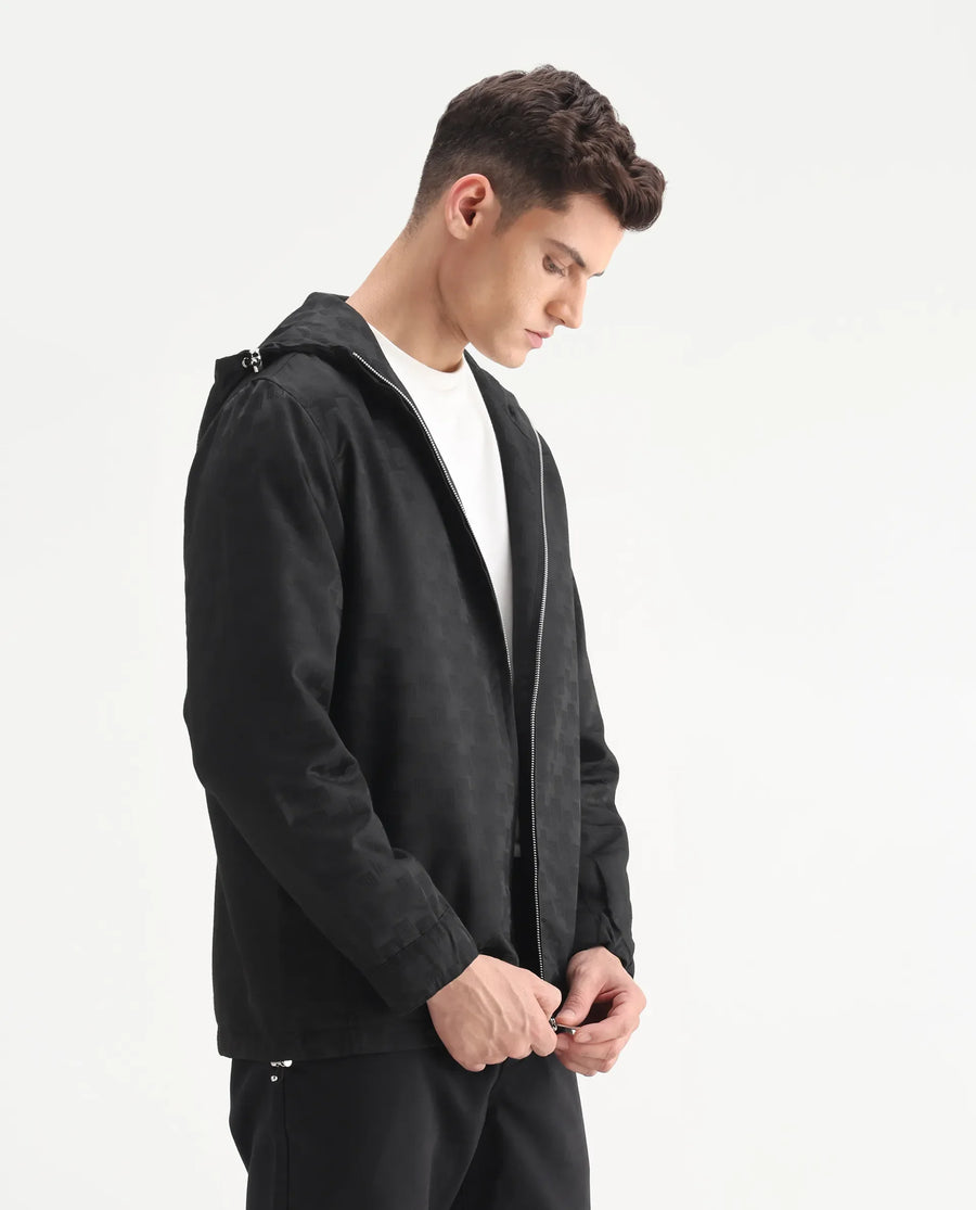 Rare Rabbit Men's Sappon-25 Black Polyester Monogram Print Boxy Fit Full Sleeve Hooded Jacket