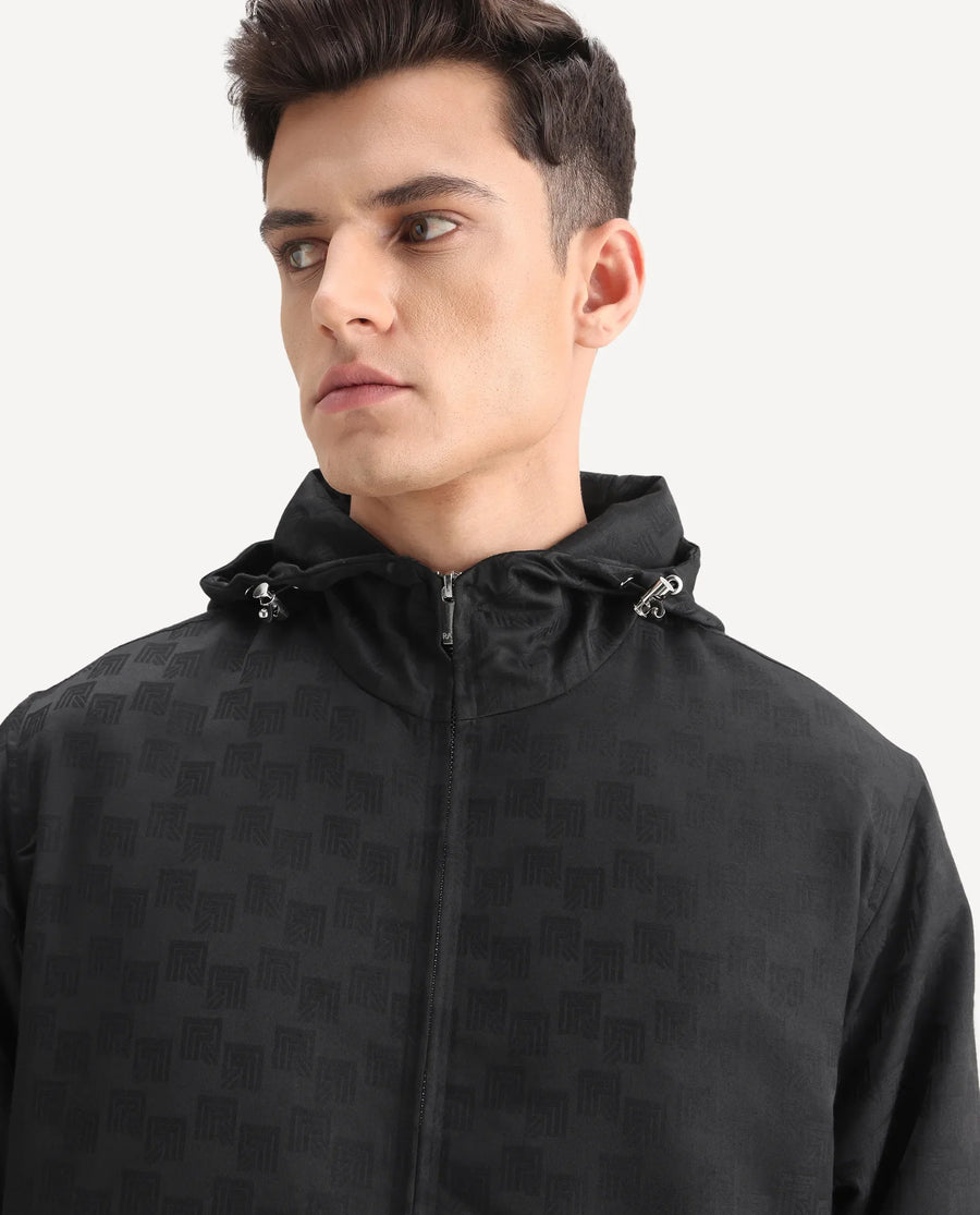Rare Rabbit Men's Sappon-25 Black Polyester Monogram Print Boxy Fit Full Sleeve Hooded Jacket