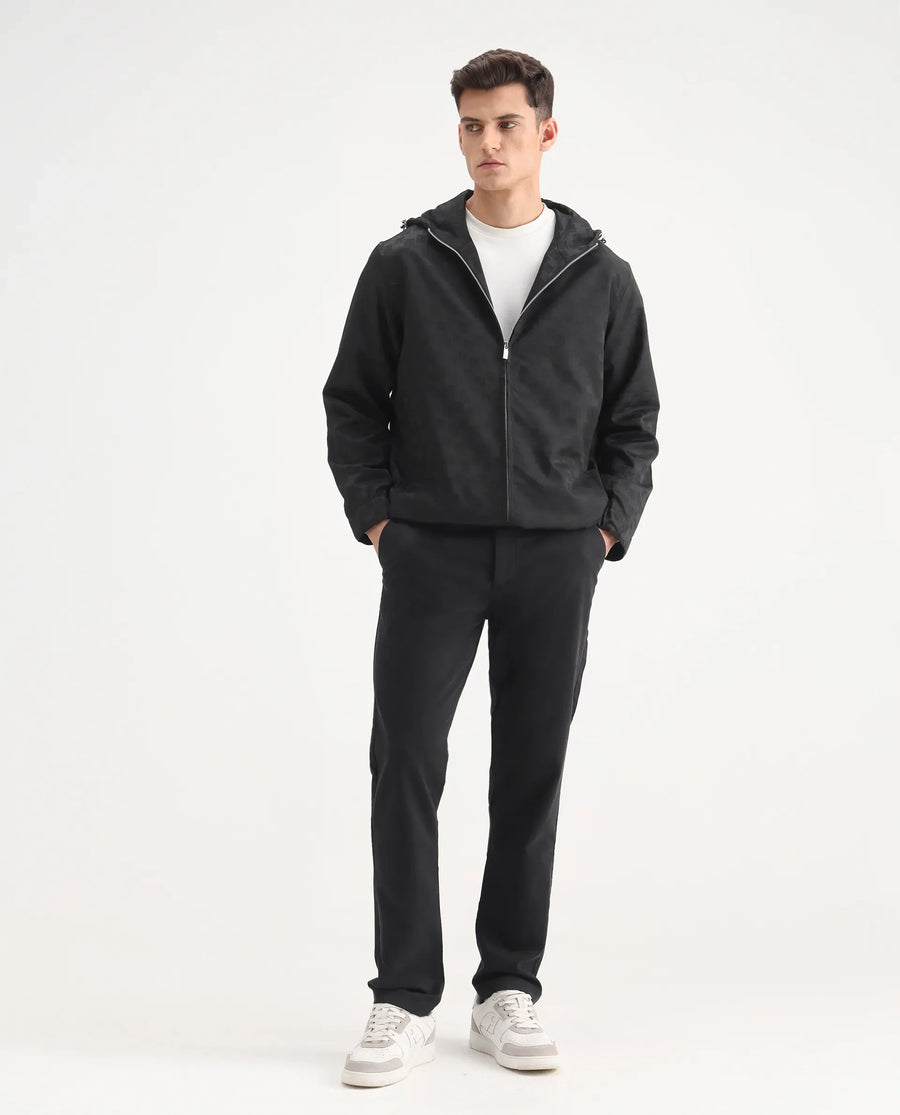 Rare Rabbit Men's Sappon-25 Black Polyester Monogram Print Boxy Fit Full Sleeve Hooded Jacket