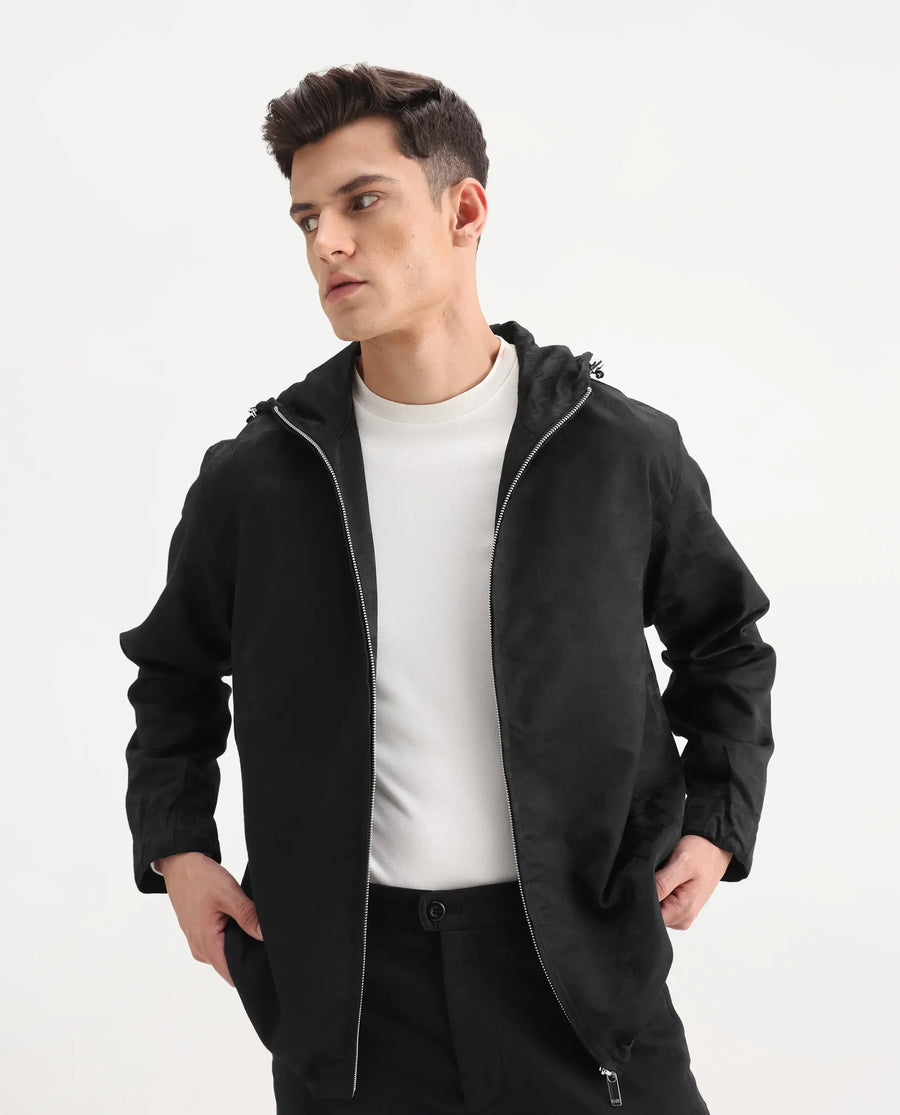 Rare Rabbit Men's Sappon-25 Black Polyester Monogram Print Boxy Fit Full Sleeve Hooded Jacket