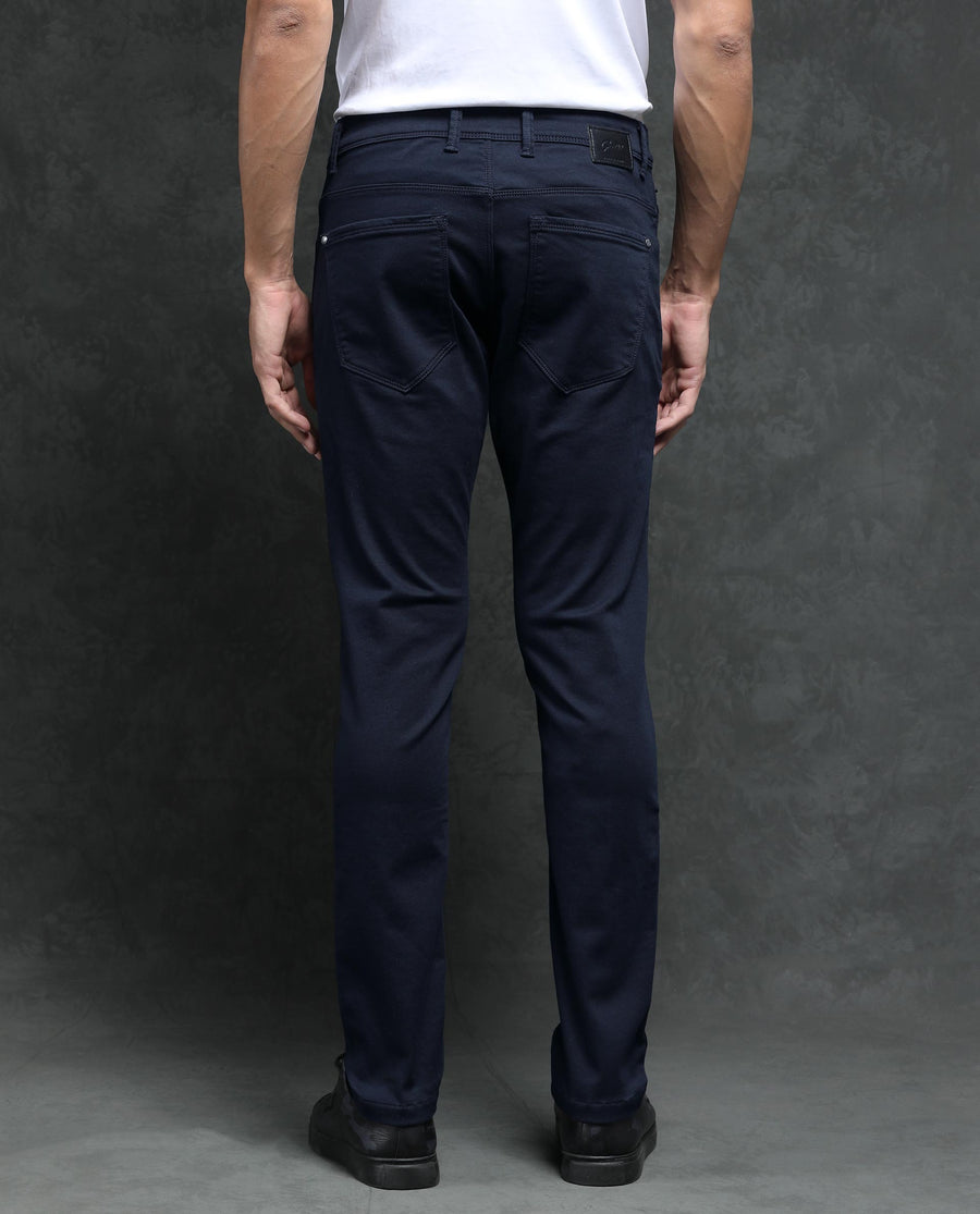 Rare Rabbit Men's Saton Navy Cotton Plain Hawk Slim Fit Jeans