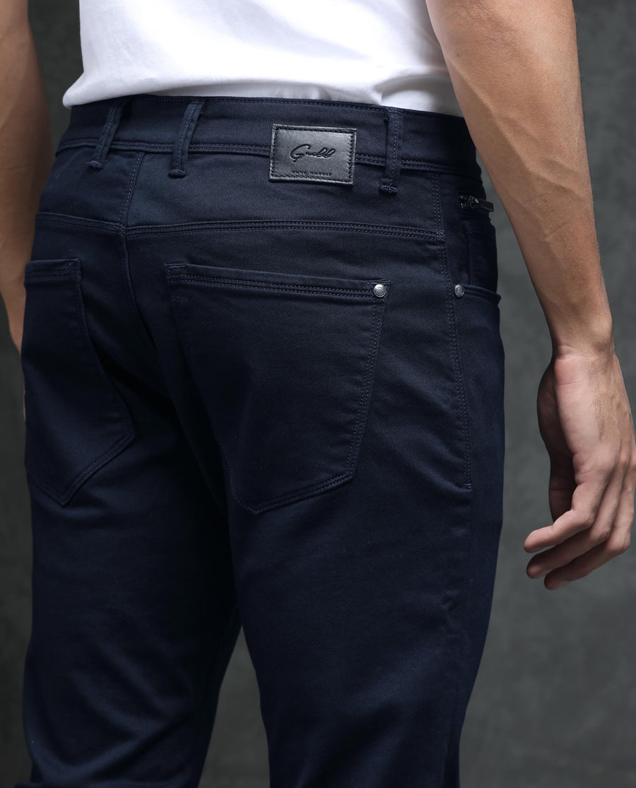 Rare Rabbit Men's Saton Navy Cotton Plain Hawk Slim Fit Jeans