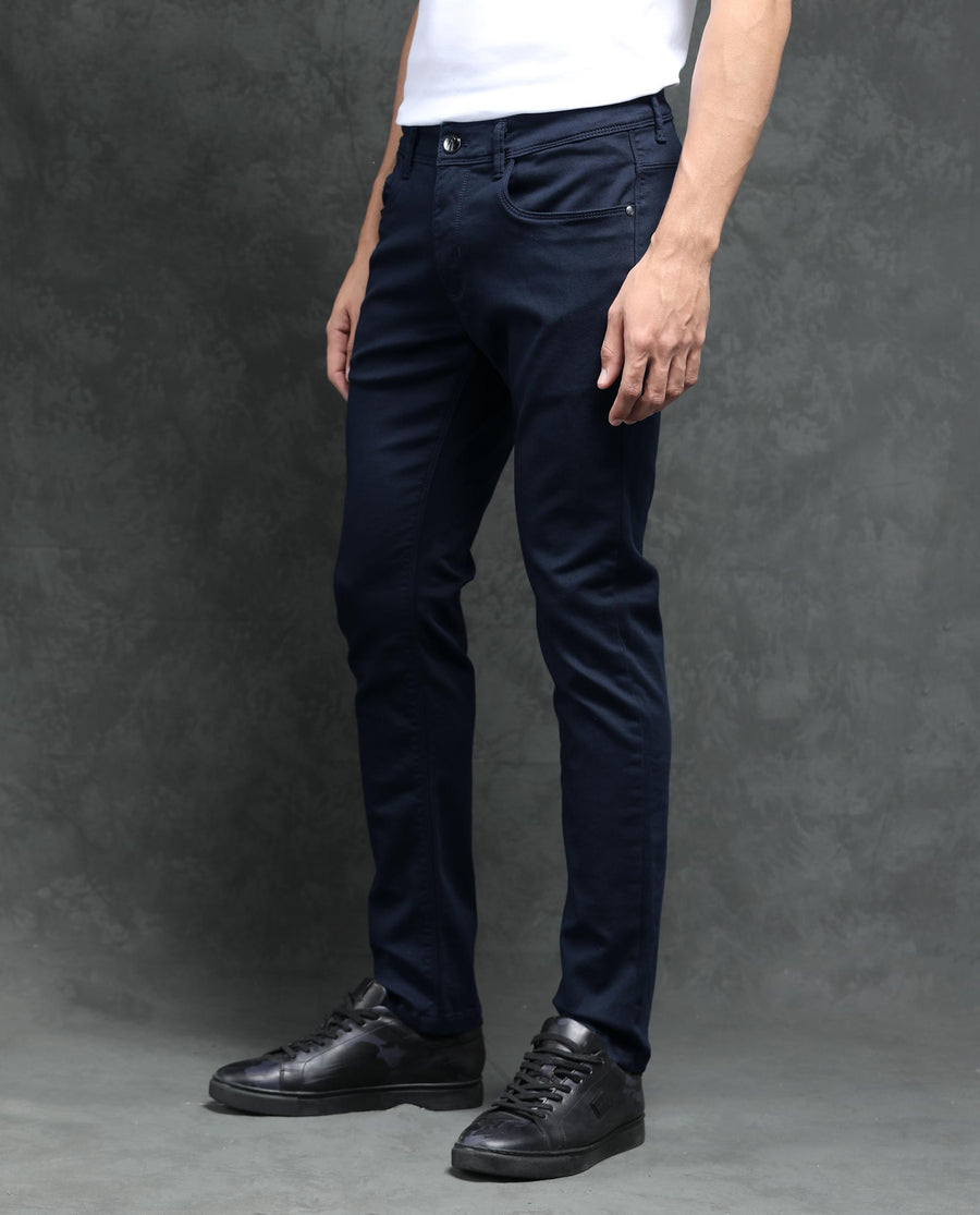 Rare Rabbit Men's Saton Navy Cotton Plain Hawk Slim Fit Jeans