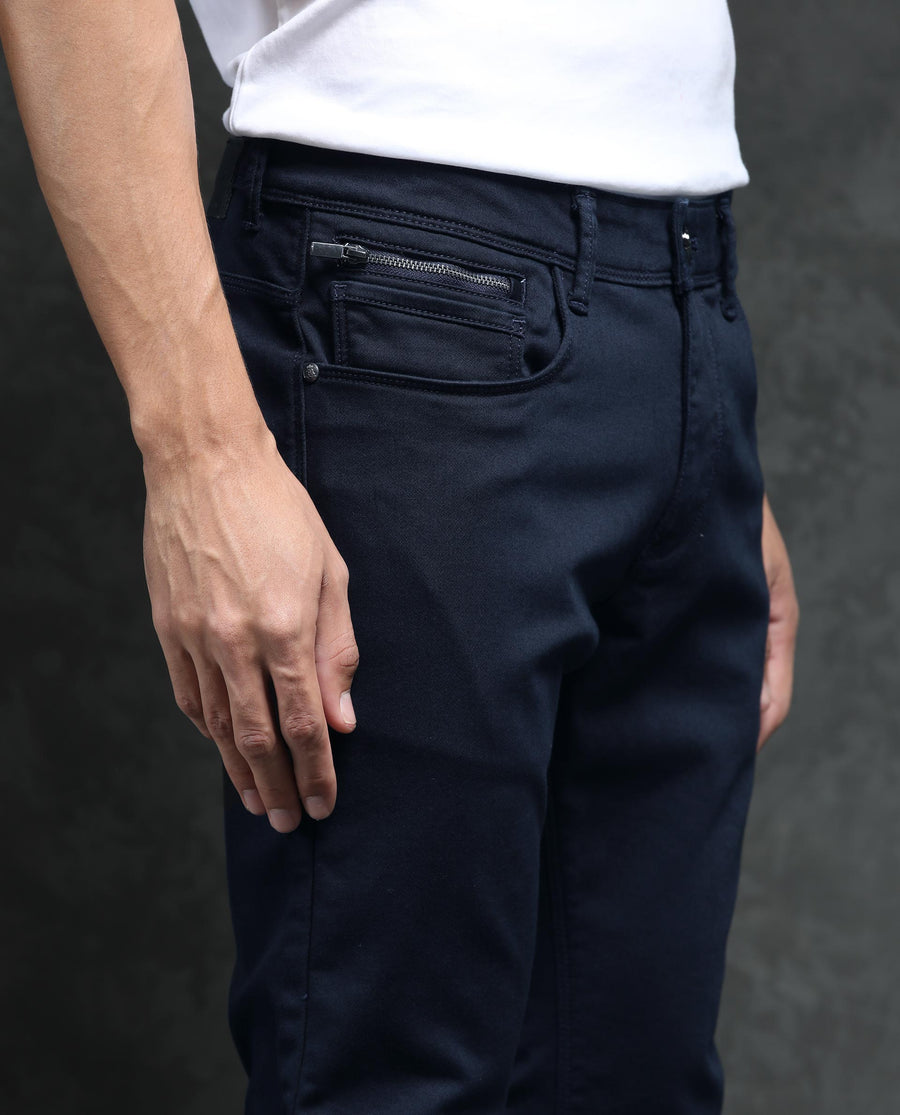 Rare Rabbit Men's Saton Navy Cotton Plain Hawk Slim Fit Jeans