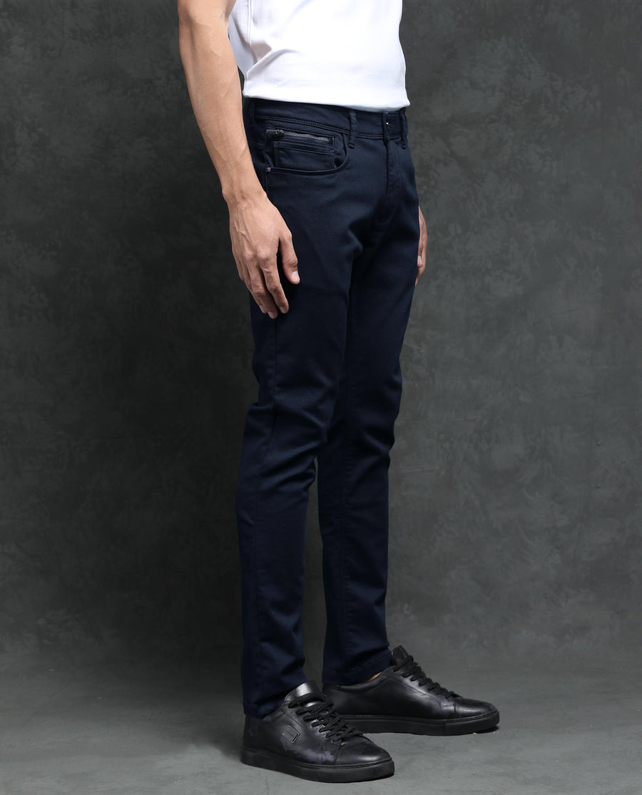 Rare Rabbit Men's Saton Navy Cotton Plain Hawk Slim Fit Jeans