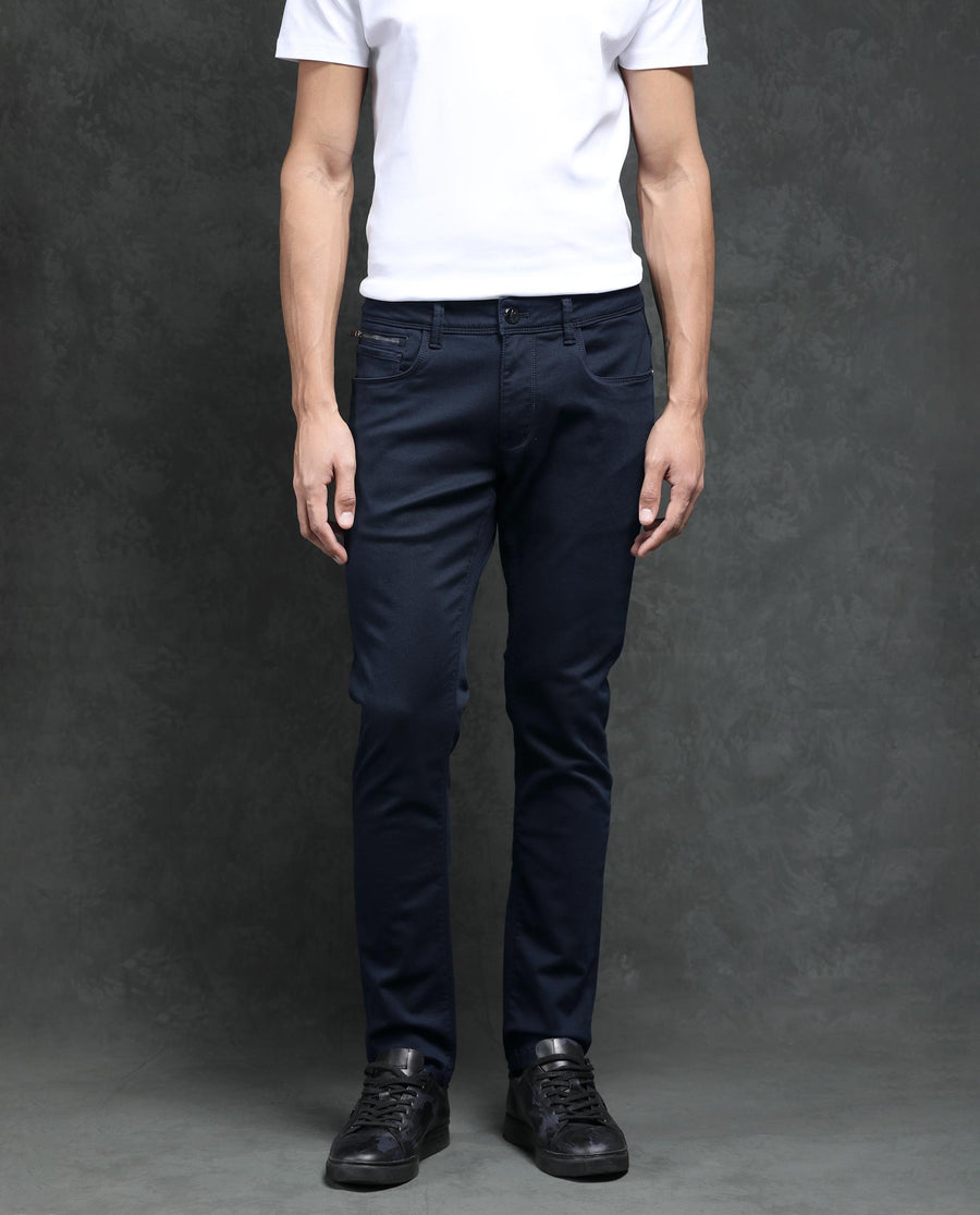 Rare Rabbit Men's Saton Navy Cotton Plain Hawk Slim Fit Jeans