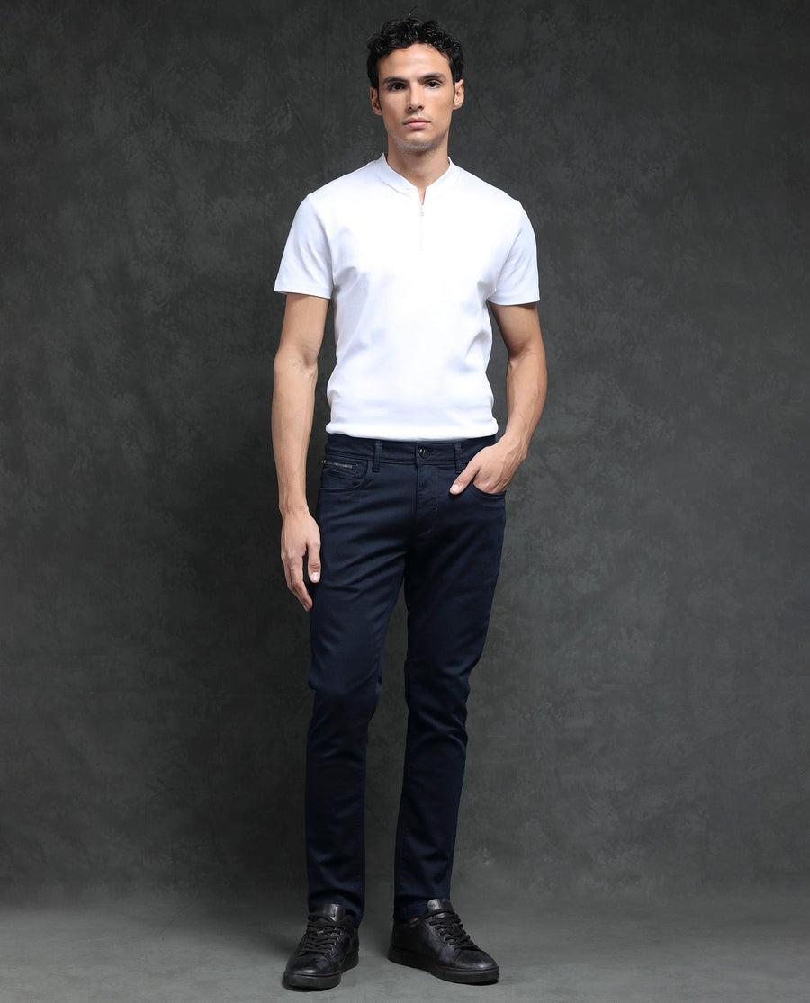 Rare Rabbit Men's Saton Navy Cotton Plain Hawk Slim Fit Jeans