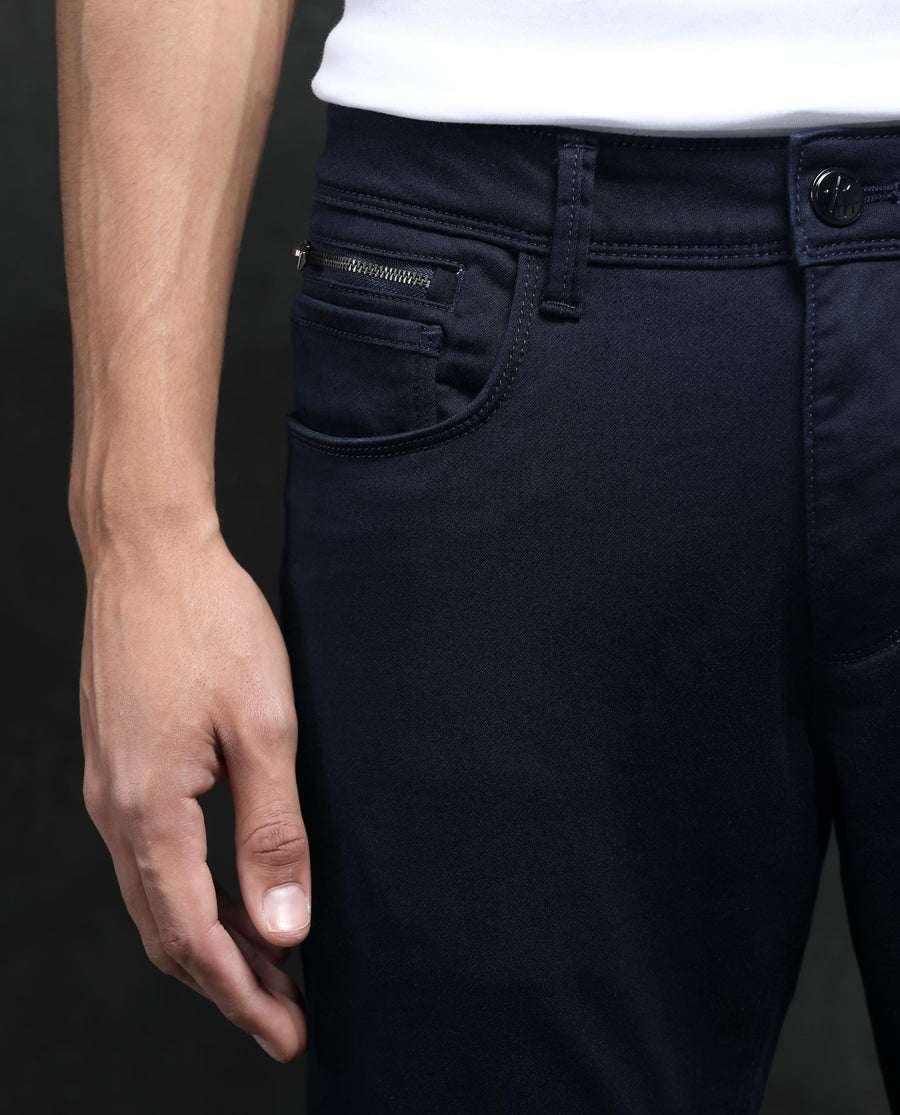 Rare Rabbit Men's Saton Navy Cotton Plain Hawk Slim Fit Jeans