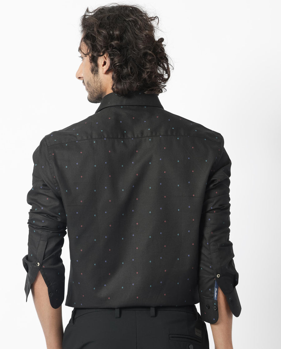 Rare Rabbit Men's Saturns Black Cotton Polka Print Regular Fit Full Sleeve Collared Shirt