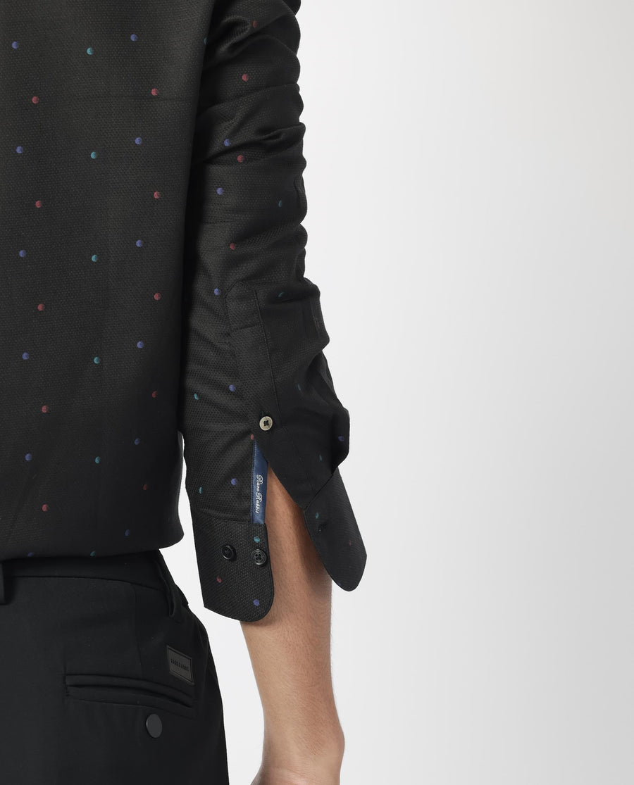 Rare Rabbit Men's Saturns Black Cotton Polka Print Regular Fit Full Sleeve Collared Shirt