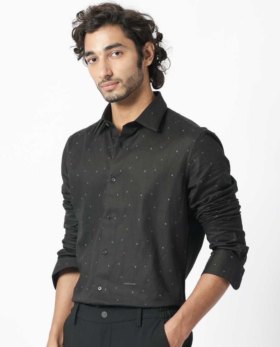 Rare Rabbit Men's Saturns Black Cotton Polka Print Regular Fit Full Sleeve Collared Shirt