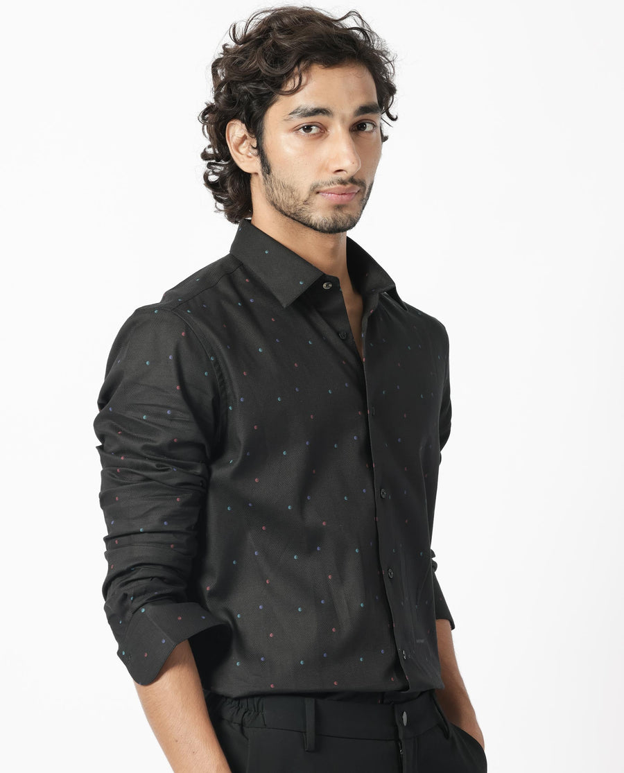 Rare Rabbit Men's Saturns Black Cotton Polka Print Regular Fit Full Sleeve Collared Shirt