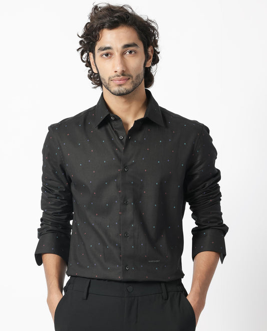 Rare Rabbit Men's Saturns Black Cotton Polka Print Regular Fit Full Sleeve Collared Shirt